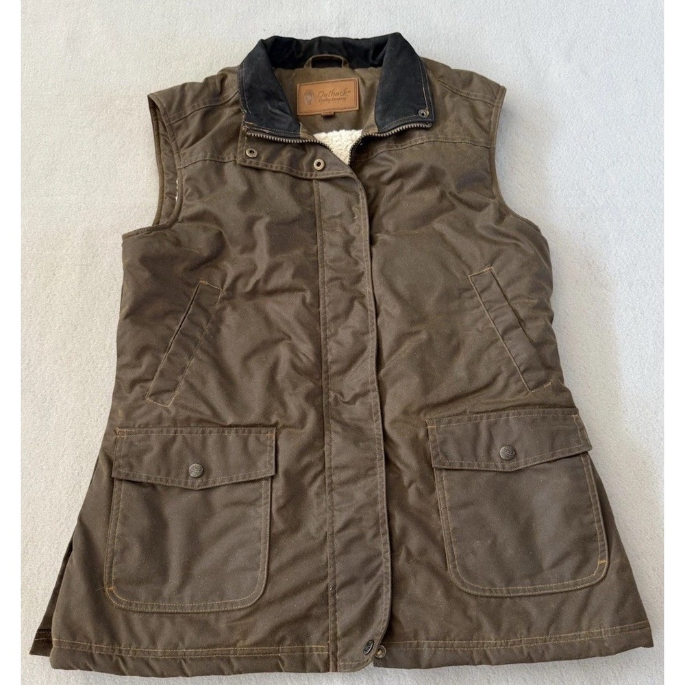 Outback Trading Company Bronze Oilskin Vest Womens M Sherpa Lined Workwear